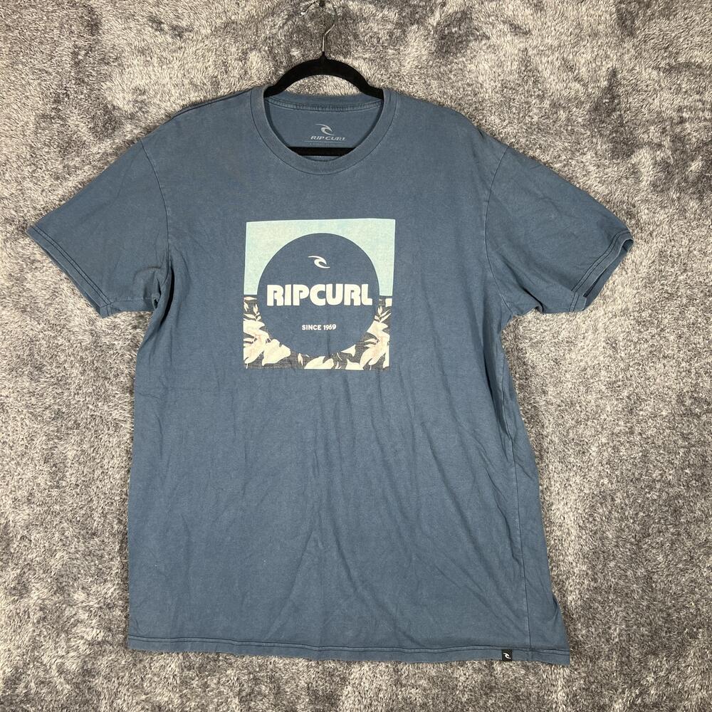 RIP CURL Shirt Mens XL Blue Logo Crew Neck Cotton Tagless Tee Floral Graphic